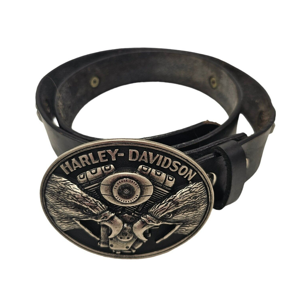 Harley Davidson Black Leather Belt Eagles Twin Engine Silver Motorcycle Mens